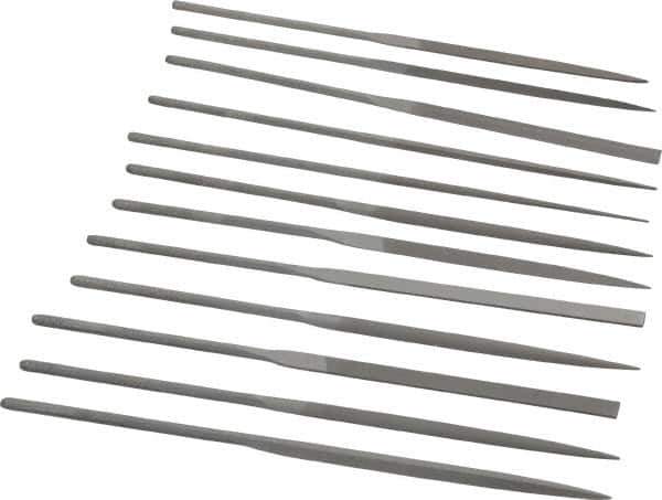 Grobet - 12 Piece Swiss Pattern File Set - 5-1/2" Long, 0 Coarseness, Set Includes Barrette, Crossing, Equalling, Half Round, Knife, Marking, Round, Round Edge Joint, Slitting, Square, Three Square, Warding - All Tool & Supply