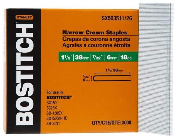 Stanley Bostitch - 1-1/2" Long x 7/32" Wide, 18 Gauge Crowned Construction Staple - Steel, Galvanized Finish - All Tool & Supply