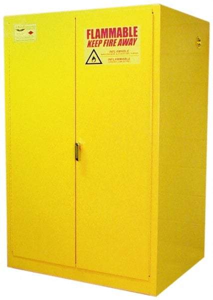 Eagle - 2 Door, 2 Shelf, Yellow Steel Standard Safety Cabinet for Flammable and Combustible Liquids - 65" High x 43" Wide x 34" Deep, Manual Closing Door, 3 Point Key Lock, 90 Gal Capacity - All Tool & Supply