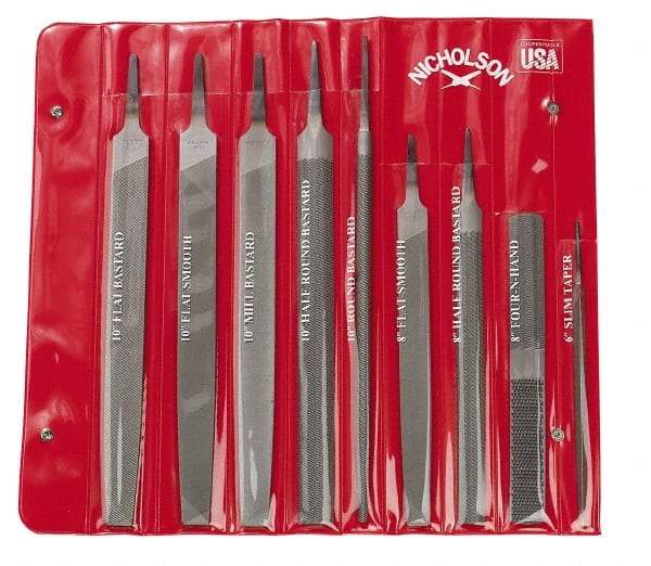 Nicholson - 9 Piece American Pattern File Set - 6", 8", 10" Long, Bastard/Smooth Coarseness, Set Includes Flat, Half Round, Mill, Round, Slim Taper - All Tool & Supply