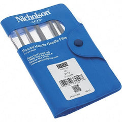 Nicholson - 12 Piece Swiss Pattern File Set - 4" Long, 0 Coarseness, Round Handle, Set Includes Barrette, Crossing, Equalling, Flat, Half Round, Knife, Round, Slitting, Square, Three Square - All Tool & Supply