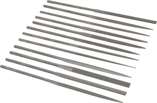 Nicholson - 12 Piece Swiss Pattern File Set - 4" Long, 2 Coarseness, Round Handle, Set Includes Barrette, Crossing, Equalling, Flat, Half Round, Knife, Round, Slitting, Square, Three Square - All Tool & Supply