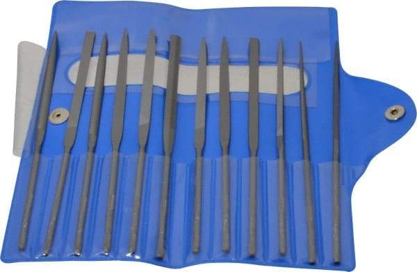 Nicholson - 12 Piece Swiss Pattern File Set - 5-1/2" Long, 4 Coarseness, Round Handle, Set Includes Barrette, Crossing, Equalling, Flat, Half Round, Knife, Round, Slitting, Square, Three Square - All Tool & Supply