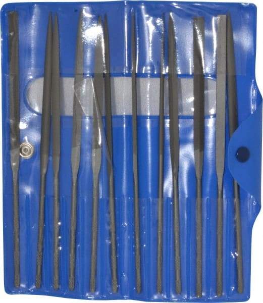 Nicholson - 12 Piece Swiss Pattern File Set - 6-1/4" Long, 0 Coarseness, Round Handle, Set Includes Barrette, Crossing, Equalling, Flat, Half Round, Knife, Round, Slitting, Square, Three Square - All Tool & Supply