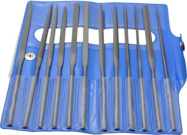 Nicholson - 12 Piece Swiss Pattern File Set - 6-1/4" Long, 2 Coarseness, Round Handle, Set Includes Barrette, Crossing, Equalling, Flat, Half Round, Knife, Round, Slitting, Square, Three Square - All Tool & Supply