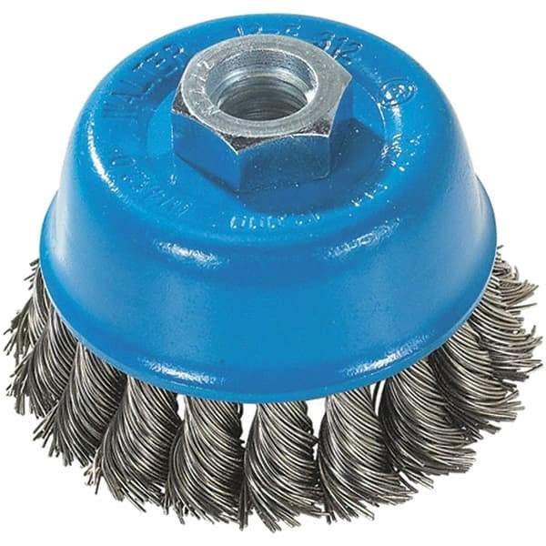 WALTER Surface Technologies - 3" Diam, 5/8-11 Threaded Arbor, Stainless Steel Fill Cup Brush - 0.015 Wire Diam, 12,000 Max RPM - All Tool & Supply