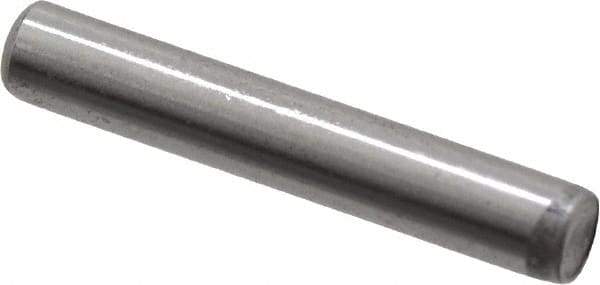 Made in USA - 1/8" Diam x 3/4" Pin Length Grade 8 Alloy Steel Standard Dowel Pin - Bright Finish, C 47-58 & C 60 (Surface) Hardness, 1,840 Lb (Single Shear), 3,680 Lb (Double Shear) Breaking Strength, 1 Beveled & 1 Rounded End - All Tool & Supply