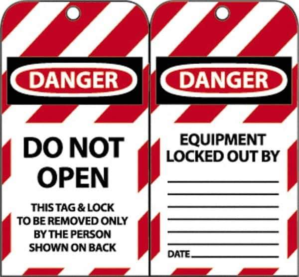 NMC - 3" High x 6" Long, DANGER - DO NOT OPEN - THIS TAG & LOCK TO BE REMOVED ONLY BY THE PERSON SHOWN ON BACK, English Safety & Facility Lockout Tag - Tag Header: Danger, 2 Sides, Black, Red & White Unrippable Vinyl - All Tool & Supply