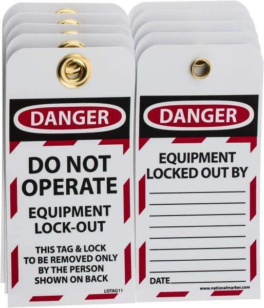 NMC - 3" High x 6" Long, DANGER - DO NOT OPERATE - EQUIPMENT LOCK-OUT - THIS TAG & LOCK TO BE REMOVED ONLY BY THE PERSON SHOWN ON BACK, English Safety & Facility Lockout Tag - Tag Header: Danger, 2 Sides, Black, Red & White Unrippable Vinyl - All Tool & Supply