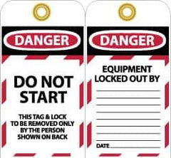 NMC - 3" High x 6" Long, DANGER - DO NOT START - THIS TAG & LOCK TO BE REMOVED ONLY BY THE PERSON SHOWN ON BACK, English Safety & Facility Lockout Tag - Tag Header: Danger, 2 Sides, Black, Red & White Unrippable Vinyl - All Tool & Supply