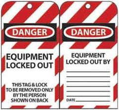 NMC - 3" High x 6" Long, DANGER - EQUIPMENT LOCKED OUT - THIS TAG & LOCK TO BE REMOVED ONLY BY THE PERSON SHOWN ON BACK, English Safety & Facility Lockout Tag - Tag Header: Danger, 2 Sides, Black, Red & White Unrippable Vinyl - All Tool & Supply