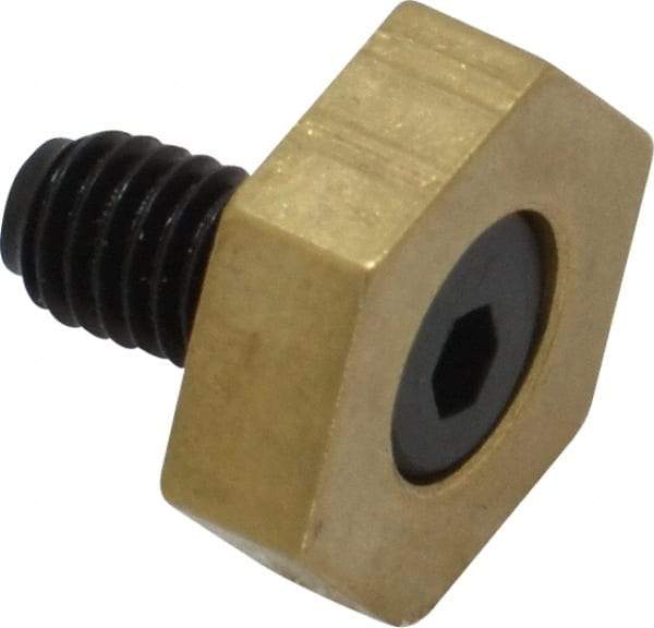 Mitee-Bite - 1/2" Brass Hex, 10-32 Stud Thread, Symmetrical Hex Clamp - 0.16" Hex Height, 350 Lb Holding Force, Hardened Steel Stud, 11/32" Long Thread, 2.5 Ft/Lb Torque, 10 Clamps - All Tool & Supply