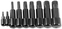 9 Piece - 4 and 5mm Bit have 5/16" Hex Drive - 6; 8; 10 and 12mm Bit have 1/2" Hex Drive - 14 and 16mm Bit have 5/8" Hex Drive - 18mm Bit has a 3/4" Hex Drive - 12 Point - Triple Square Bit Set - All Tool & Supply