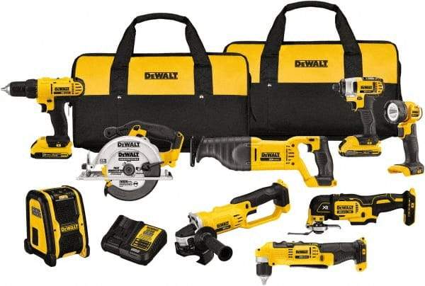 DeWALT - 20 Volt Cordless Tool Combination Kit - Includes 1/2" Compact Drill/Driver, 1/4" Impact Driver, Cut-off Tool/Grinder, Reciprocating Saw, 6-1/2 Circular Saw, LED Worklight & Bluetooth Speaker, Lithium-Ion Battery Included - All Tool & Supply