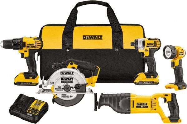 DeWALT - 20 Volt Cordless Tool Combination Kit - Includes 1/2" Compact Drill/Driver, 1/4" Impact Driver, Reciprocating Saw, 6-1/2 Circular Saw & LED Worklight, Lithium-Ion Battery Included - All Tool & Supply