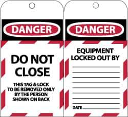 NMC - 3" High x 6" Long, DANGER - DO NOT CLOSE - THIS TAG & LOCK TO BE REMOVED ONLY BY THE PERSON SHOWN ON BACK, English Safety & Facility Lockout Tag - Tag Header: Danger, 2 Sides, Black, Red & White Synthetic Paper - All Tool & Supply