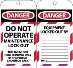 NMC - 3" High x 6" Long, DANGER - DO NOT OPERATE - MAINTENANCE LOCK OUT - THIS TAG & LOCK TO BE REMOVED ONLY BY THE PERSON SHOWN ON BACK, English Safety & Facility Lockout Tag - Tag Header: Danger, 2 Sides, Black, Red & White Synthetic Paper - All Tool & Supply