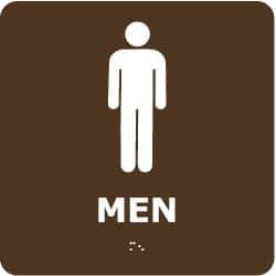 NMC - Men, 8" Wide x 8" High, Plastic Sign - English, Braille, White on Brown, Wall Mount - All Tool & Supply