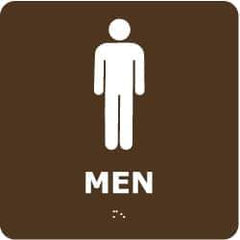 NMC - Men, 8" Wide x 8" High, Plastic Sign - English, Braille, White on Brown, Wall Mount - All Tool & Supply