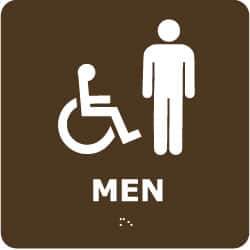 NMC - Men, 8" Wide x 8" High, Plastic Sign - English, Braille, White on Brown, Wall Mount - All Tool & Supply