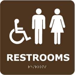 NMC - Restrooms, 8" Wide x 8" High, Plastic Sign - English, Braille, White on Brown, Wall Mount - All Tool & Supply