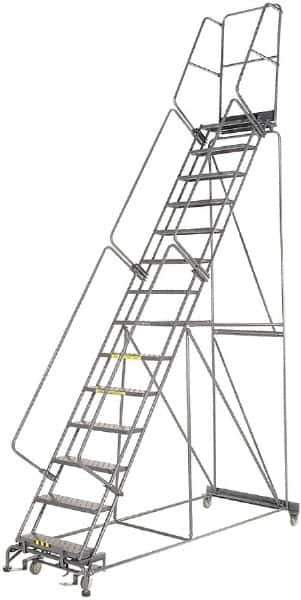 Ballymore - 185" 14 Step Rolling Warehouse Ladder - Lock Step Rolling Safety Ladder, 450 Lb Capacity, 140" Platform Height, 40" Base Width x 100" Base Depth, Perforated Tread - All Tool & Supply