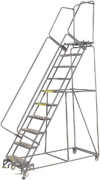 Ballymore - 133" 10 Step Rolling Warehouse Ladder - Lock Step Rolling Safety Ladder, 450 Lb Capacity, 100" Platform Height, 32" Base Width x 74" Base Depth, Perforated Tread - All Tool & Supply