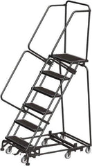 Ballymore - 93" 6 Step Rolling Warehouse Ladder - Lock Step Rolling Safety Ladder, 450 Lb Capacity, 60" Platform Height, 32" Base Width x 49" Base Depth, Perforated Tread - All Tool & Supply