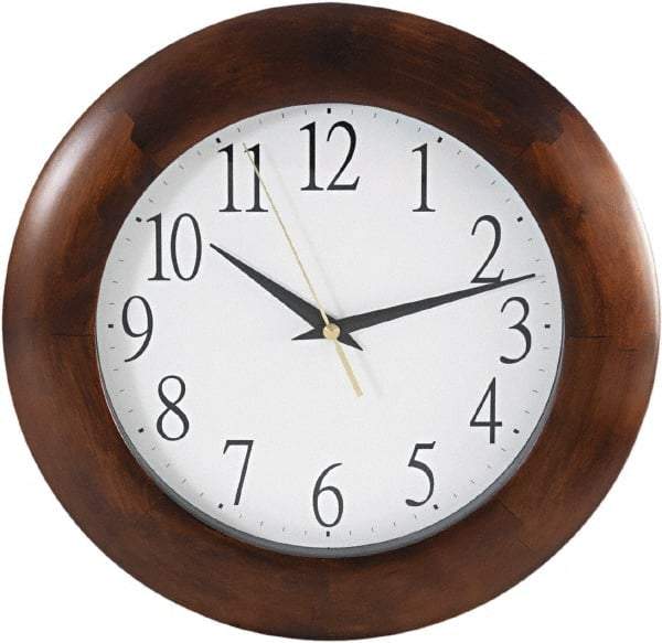 Hon - 9" Diam, White Face, Dial Wall Clock - Analog Display, Cherry Case, Runs on AA Battery - All Tool & Supply