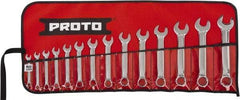 Proto - 14 Piece, 6mm to 19mm, 12 Point Extra Short Combination Wrench Set - Metric Measurement Standard, Full Polish Chrome Finish, Comes in Tool Roll - All Tool & Supply