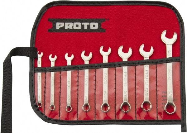 Proto - 8 Piece, 1/8" to 3/8", 6 Point Extra Short Combination Wrench Set - Inch Measurement Standard, Full Polish Finish, Comes in Nylon Roll - All Tool & Supply