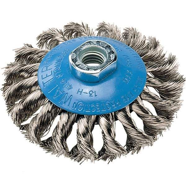 WALTER Surface Technologies - 4" Diam, 5/8-11 Threaded Arbor, Stainless Steel Fill Cup Brush - 0.015 Wire Diam, 20,000 Max RPM - All Tool & Supply