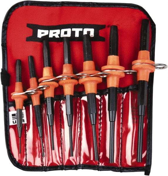 Proto - 7 Piece, 1/16 to 1/4", Tethered Pin Punch Set - Straight Shank, Comes in Nylon Roll - All Tool & Supply