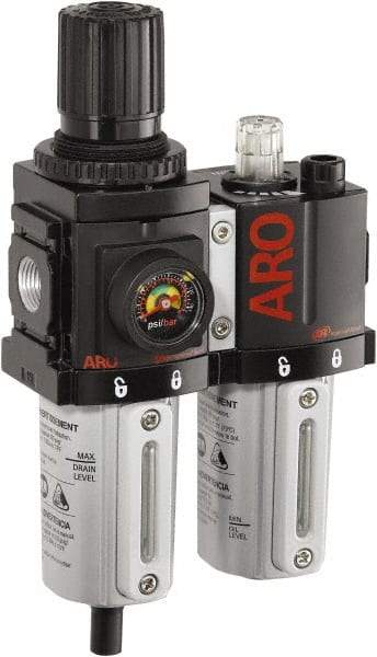 ARO/Ingersoll-Rand - 3/8" NPT Port Compact 2 Piece Filter/Regulator-Lubricator FRL Unit - Metal Bowl, 71 SCFM, 250 Max psi, 8.15" High x 4.409" Long, Manual Drain - All Tool & Supply