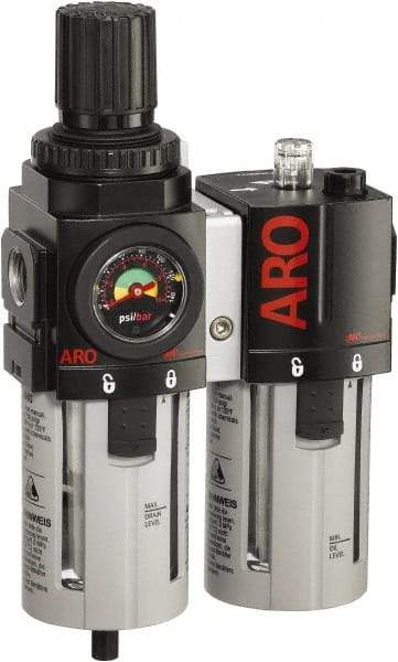 ARO/Ingersoll-Rand - 1/2" NPT Port Standard 2 Piece Filter/Regulator-Lubricator FRL Unit - Polycarbonate Bowl, 120 SCFM, 150 Max psi, 9.95" High x 5.724" Long, Automatic Drain - All Tool & Supply