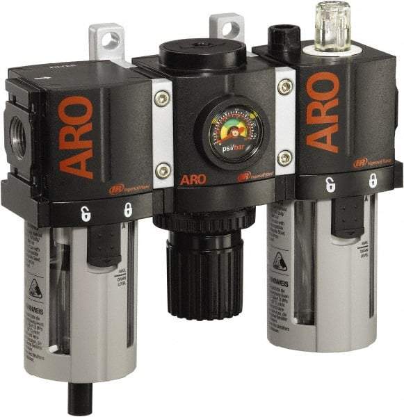 ARO/Ingersoll-Rand - 1/4" NPT Port Compact 3 Piece Filter-Regulator-Lubricator FRL Unit - Polycarbonate Bowl, 61 SCFM, 150 Max psi, 6.6" High x 6.614" Long, Manual Drain - All Tool & Supply