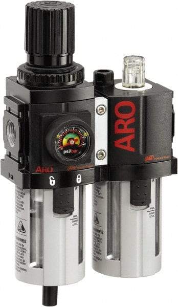 ARO/Ingersoll-Rand - 3/8" NPT Port Compact 2 Piece Filter/Regulator-Lubricator FRL Unit - Polycarbonate Bowl, 71 SCFM, 150 Max psi, 8.15" High x 4.409" Long, Manual Drain - All Tool & Supply