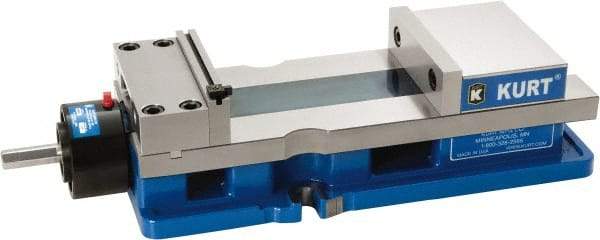 Kurt - 6" Jaw Width, 9" Jaw Opening Capacity, Horizontal Stationary Machine Vise - Reverse Hydraulic Operation, 1 Station, 20.553" Long x 4.86" High x 1-47/64" Deep, 1.735" Jaw Height, 5,250 Lb Max Clamp Force, Ductile Iron - All Tool & Supply