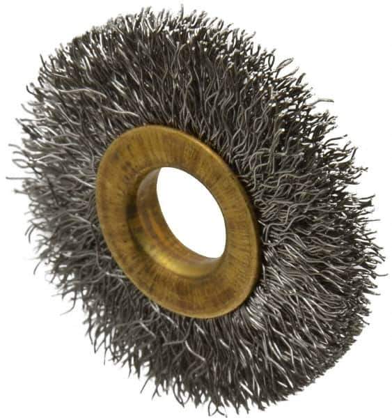 Value Collection - 1-1/2" OD, 3/8" Arbor Hole, Crimped Stainless Steel Wheel Brush - 1/4" Face Width, 3/8" Trim Length, 0.007" Filament Diam, 20,000 RPM - All Tool & Supply