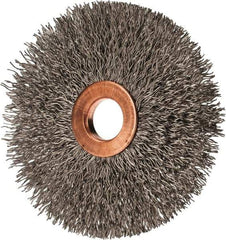 Value Collection - 3" OD, 1/2" Arbor Hole, Crimped Stainless Steel Wheel Brush - 3/8" Face Width, 1" Trim Length, 0.012" Filament Diam, 15,000 RPM - All Tool & Supply