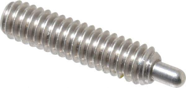 Vlier - 1/4-20, 1" Thread Length, 3/16" Plunger Projection, Stainless Steel Threaded Spring Plunger - 0.117 - 0.118" Max Plunger Diam, 1" Plunger Length, 3 Lb Init End Force, 13 Lb Final End Force, 0.079" Hex - All Tool & Supply