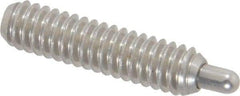 Vlier - 1/4-20, 1" Thread Length, 3/16" Plunger Projection, Stainless Steel Threaded Spring Plunger - 0.117 - 0.118" Max Plunger Diam, 1" Plunger Length, 1 Lb Init End Force, 4 Lb Final End Force, 0.079" Hex - All Tool & Supply