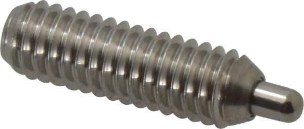 Vlier - 5/16-18, 1" Thread Length, 3/16" Plunger Projection, Stainless Steel Threaded Spring Plunger - 0.133 - 0.135" Max Plunger Diam, 1" Plunger Length, 3 Lb Init End Force, 15 Lb Final End Force, 0.093" Hex - All Tool & Supply