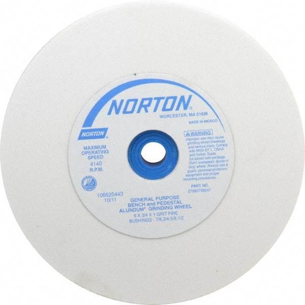 Norton - 100 Grit Aluminum Oxide Bench & Pedestal Grinding Wheel - 6" Diam x 1" Hole x 3/4" Thick, 4140 Max RPM, J Hardness, Fine Grade , Vitrified Bond - All Tool & Supply