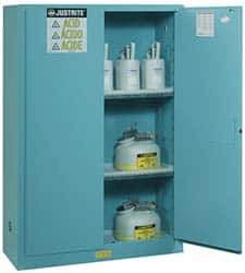 Justrite - 2 Door, 2 Shelf, Blue Steel Standard Safety Cabinet for Corrosive Chemicals - 65" High x 43" Wide x 18" Deep, Manual Closing Door, 3 Point Key Lock, 45 Gal Capacity - All Tool & Supply