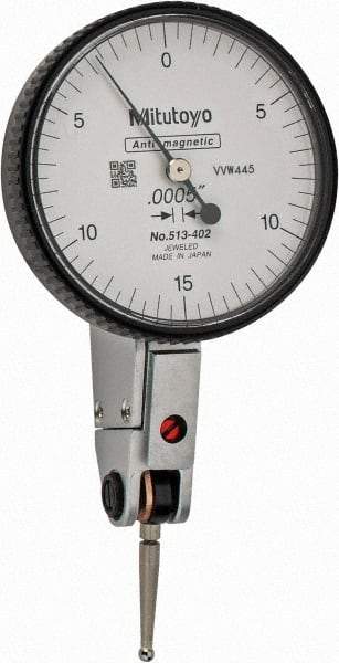 Mitutoyo - 0.03 Inch Range, 0.0005 Inch Dial Graduation, Horizontal Dial Test Indicator - 1.5748 Inch White Dial, 0-15-0 Dial Reading, Accurate to 0.0005 Inch - All Tool & Supply