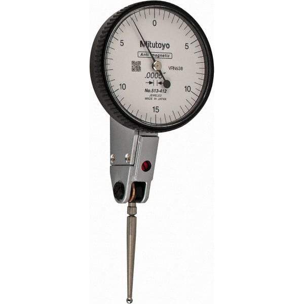 Mitutoyo - 0.03 Inch Range, 0.0005 Inch Dial Graduation, Horizontal Dial Test Indicator - 1.5748 Inch White Dial, 0-15-0 Dial Reading, Accurate to 0.0005 Inch - All Tool & Supply