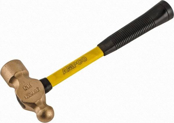 Ampco - 2-3/4 Lb Head Aluminum Bronze Ball Pein Hammer - 14" Fiberglass Handle with Grip, 1-13/16" Face Diam, 14" OAL - All Tool & Supply