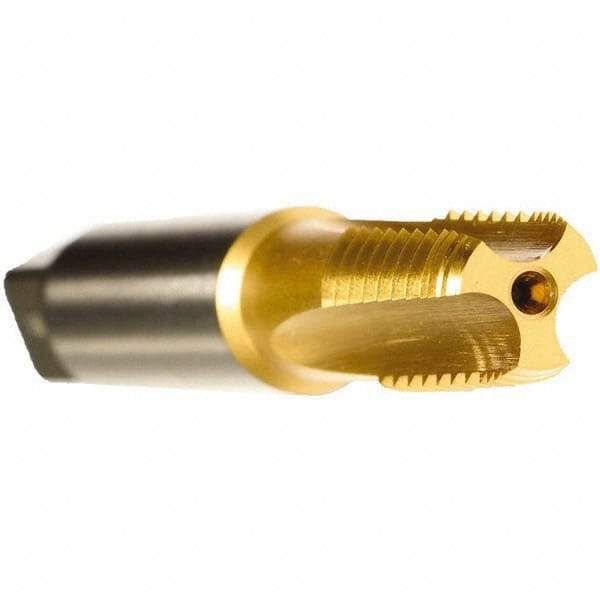 Emuge - 1/2-14 NPTF, 5 Flutes, TiN Coated, Cobalt, Interrupted Thread Pipe Tap - 3-1/8 Inch Overall Length, 11/16 Inch Shank Diameter, 1.38 Inch Thread Length, 0.51 Inch Square Size, Modified Bottoming Chamfer, Series KEG - Exact Industrial Supply