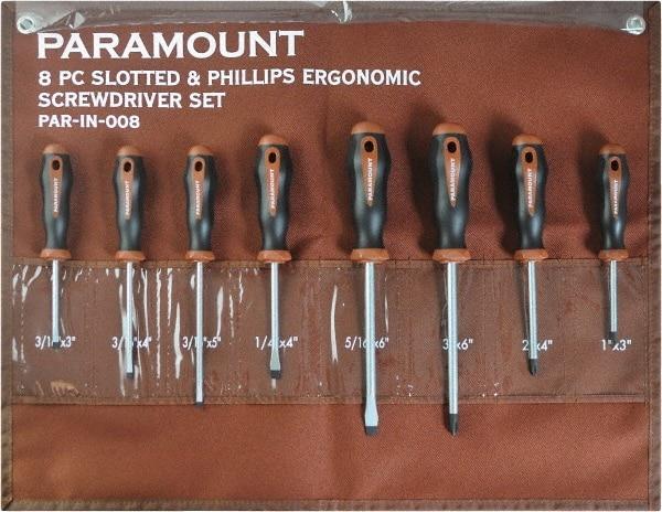 Paramount - 8 Piece Slotted, Phillips & Cabinet Screwdriver Set - Blade Sizes: Width 3/16, 1/4 & 5/16, Bit Sizes: Philips #0 to #3 - All Tool & Supply